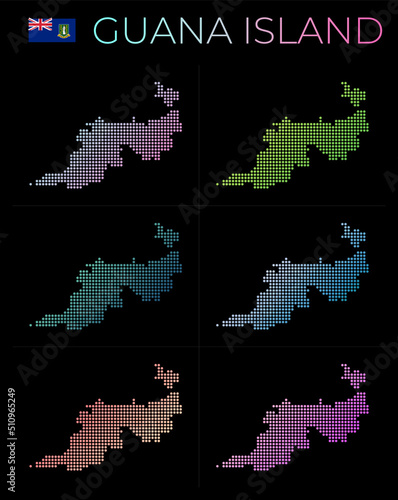 Guana Island dotted map set. Map of Guana Island in dotted style. Borders of the island filled with beautiful smooth gradient circles. Elegant vector illustration.