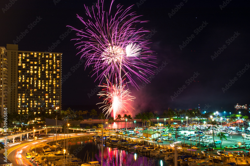 Friday night fireworks in Waikiki over Ala Wai Boat Harbor in Honolulu on Oahu,Hawaii Friday night fireworks in Waikiki over Ala Wai Boat Harbor in Honolulu on Oahu,Hawaii