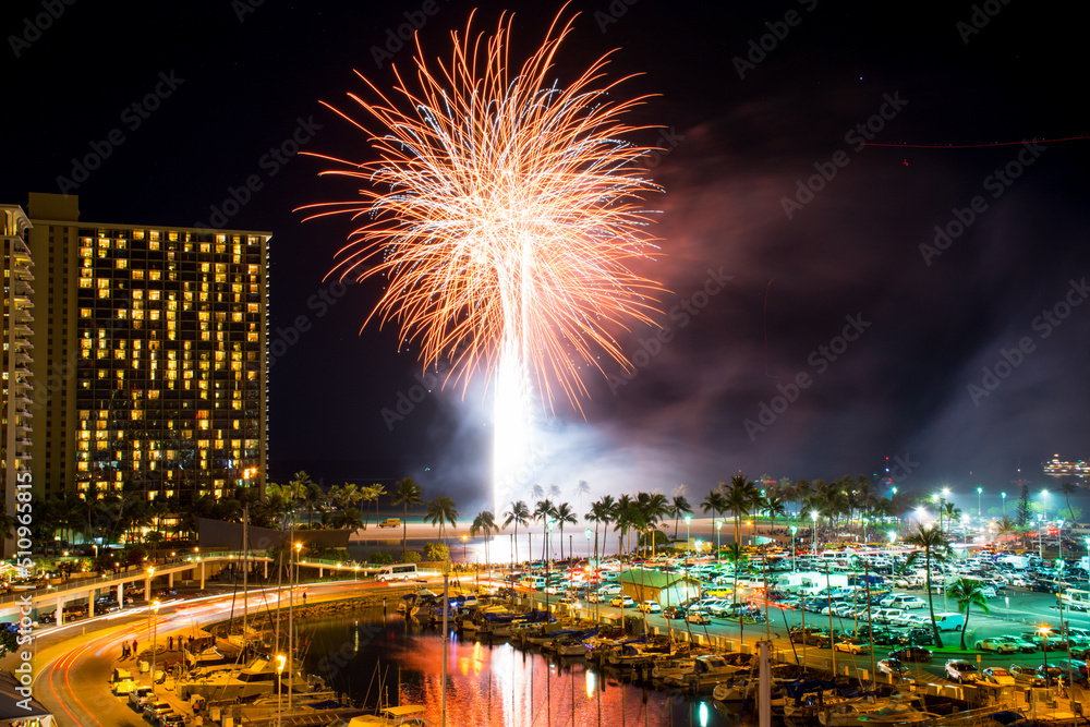 Friday night fireworks in Waikiki over Ala Wai Boat Harbor Honolulu on  Oahu,Hawaii Stock Photo | Adobe Stock
