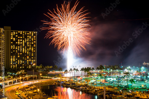 Vászonkép Friday night fireworks in Waikiki over Ala Wai Boat Harbor Honolulu on Oahu,Hawa