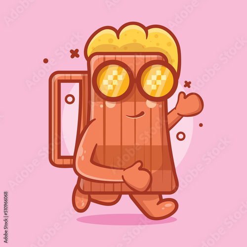 funny beer wooden tankard character mascot running isolated cartoon in flat style design