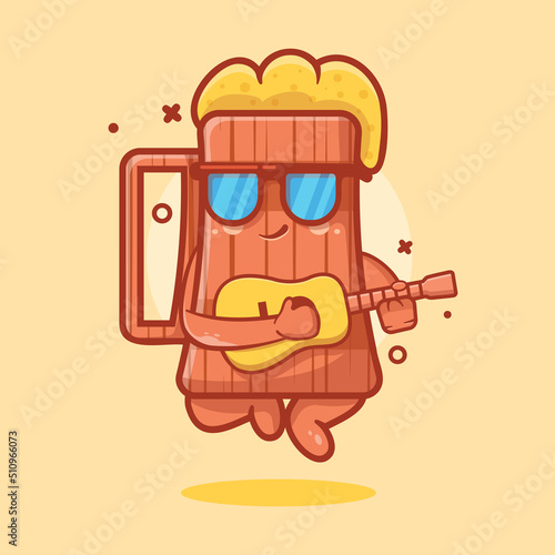 cool beer wooden tankard character mascot playing guitar isolated cartoon in flat style design