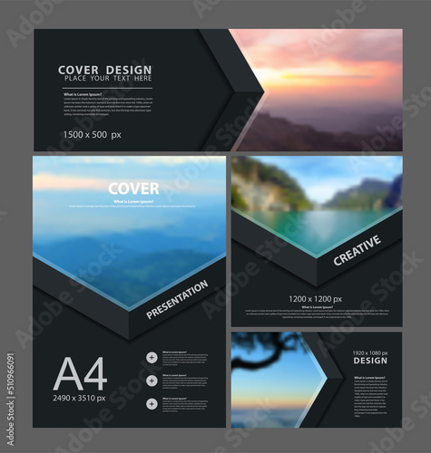 Vector presentation layout templates design, Brochure report cover, flyer, leaflets decoration for printing, Blurred image for example Nature mountains landscape background, sunrise in morning