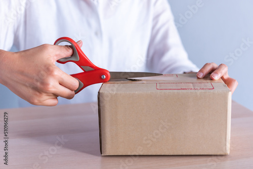 Canvas-taulu female hand use scissors open parcel box
