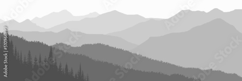 Black and white mountain landscape  mountain ranges in haze  panoramic view