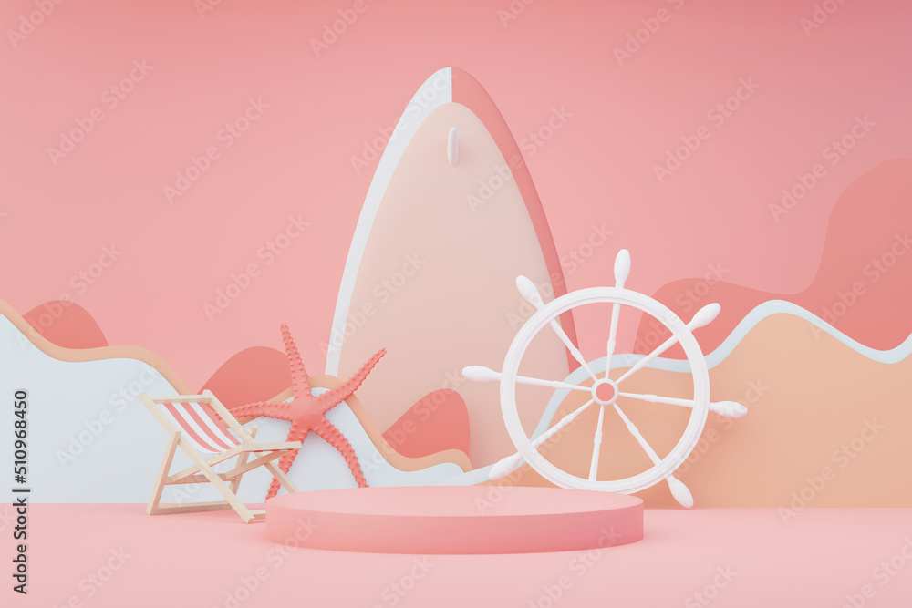 3d render Summer sale podium stand for showing product. Beach Vacations Scene in Summer for mock up. 3d render Summer sale podium stand for showing product. Beach Vacations Scene in Summer for mock up.