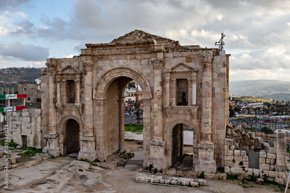 Roman ruins in Jerash town in Jordan. Ancient Roman arch at Jerash town