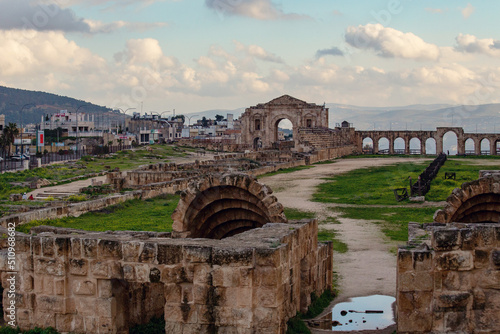 Roman ruins in Jerash town in Jordan. Ancient Roman arch at Jerash town