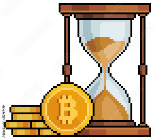 Pixel art bitcoin hourglass. Crypto investment time vector icon for 8bit game on white background
