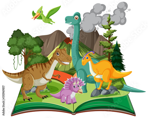 Opened book with dinosaur in prehistoric forest scene