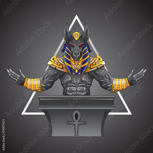 Egyptian God Anubis measures the human heart and pen on sacred scales. God of death
