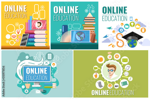 Online education set vector graphic design