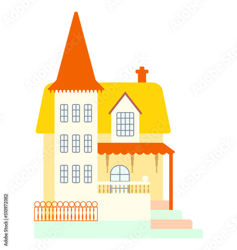 Colorful house with an extension, a veranda and a canopy