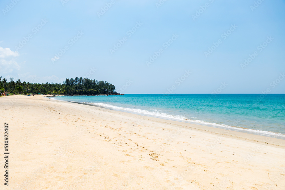 Empty clean fine sandy beach in south of Thailand, tourist attraction in Thailand, tropical island, relaxing by the sea