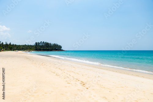 Empty clean fine sandy beach in south of Thailand, tourist attraction in Thailand, tropical island, relaxing by the sea
