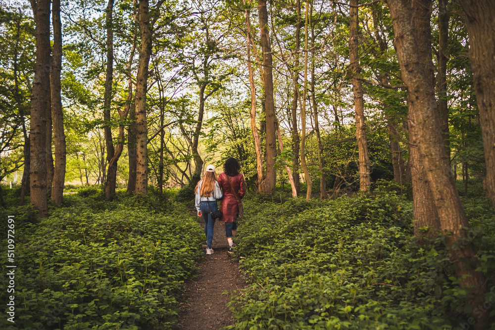 Fototapeta premium Woman and her teenage daughter walking on footpath in park