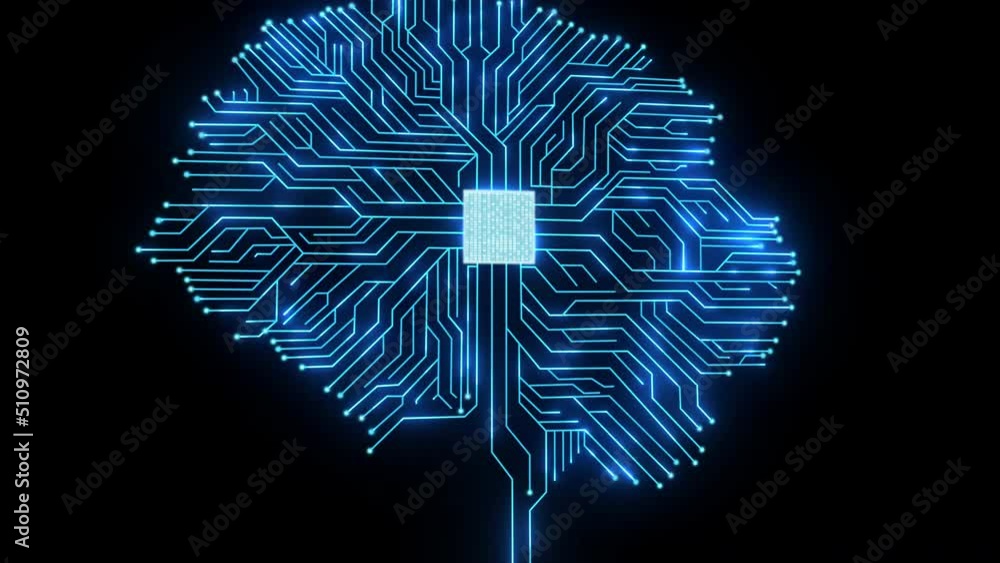 Brain circuit digital computer graphic background. AI microchip brain of robot futuristic technology.	