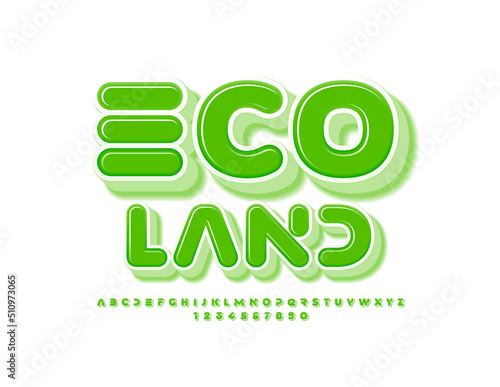 Vector modern Sign Eco Land. Green 3D Font. Creative Alphabet Letters and Numbers
