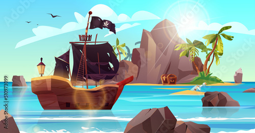 Rocky island with pirate ship, flag and palm trees in the ocean. Bottle with paper message in it. Cartoon vector illustration