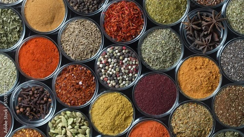 Assortment of aromatic spices, seeds and dry herbs for cooking food on background rotating in smal glass bowls rotating, close up, top view