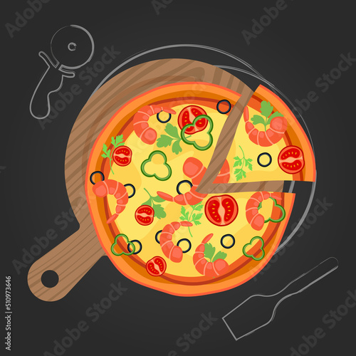 Pizza. Shrimp pizza. Italian pizza. Fast food. Pizza on a black background. Pizza illustration.