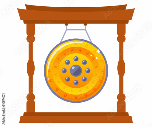 religious golden gong in asia. strike the iron gong. flat vector illustration.