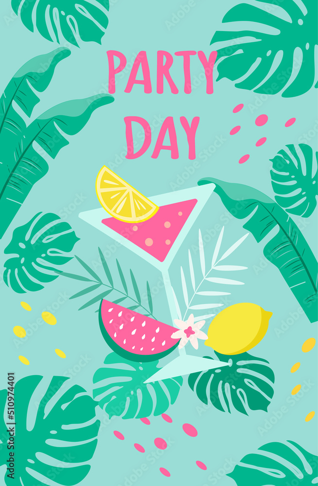 flat style vector illustration - poster, flyer, cocktail party invitation. Glass with cocktail, fruits and tropic leaves