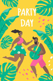 flat style vector illustration, poster, flyer, party invitation. Happy man and woman dancing among tropical leaves