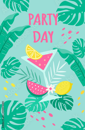 flat style vector illustration - poster  flyer  cocktail party invitation. Glass with cocktail  fruits and tropic leaves