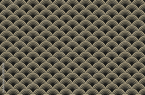 Vektor-Illustration eines nahtlosen, dekorativen, geometrischen, hell gold und schwarzen Art-Déco-Musters der 20er Jahre mit Bögen