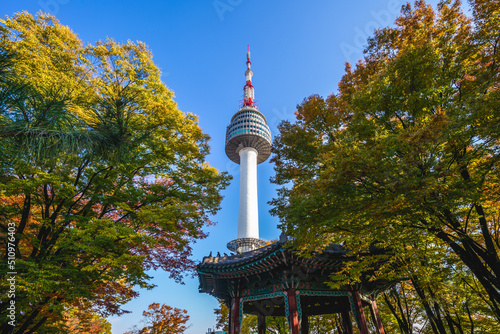 seoul tower and colorful leaves at seoul, south korea in autumn