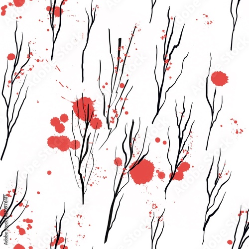 Creative handwritten seamless pattern of twig objects with splashes of red watercolor. For any textile fabric design, wallpaper or background. Abstract bright design.