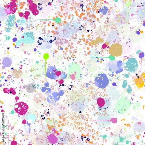 Creative handwritten seamless pattern of splashes  circles  dots and watercolor spots of beautiful colors. For any textile fabric design  wallpaper or background. Abstract bright design.