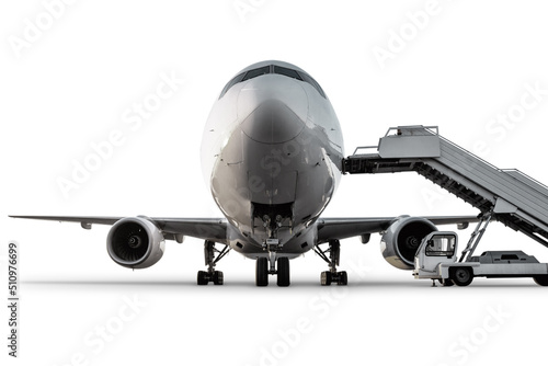 Front view of the wide body passenger jet plane with air-stairs isolated on white background