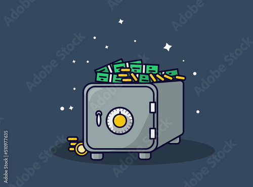 Cute safe with money, coins and stacks of money in a flat style. Vector illustration