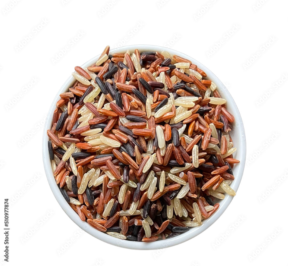 Three colors of brown rice in a ceramic cup on a white background. for eating healthy lifestyle Three colors of brown rice in a ceramic cup on a white background. for eating healthy lifestyle