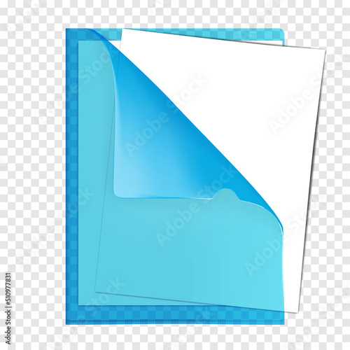 Clear blue color plastic project pocket with white blank paper sheets inside realistic mockup. PVC file sleeve folder with folded corner vector template
