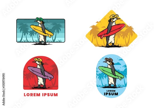 Cute penguin carrying a surfboard on the beach illustration