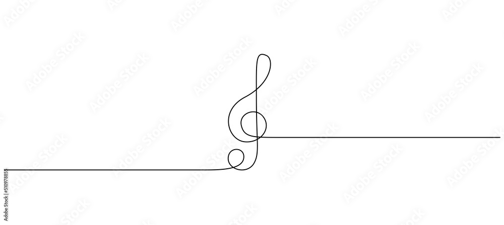 One continuous line drawing of treble clef. Minimalist logo and symbol of sound and music concert in simple linear style. Editable stroke. Doodle vector illustration - obrazy, fototapety, plakaty 