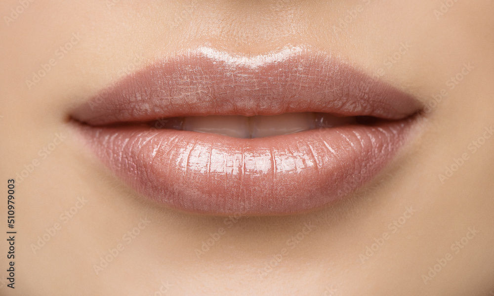 Fototapeta premium Natural Lip Close up. Pink Lipstick Make up. Perfect Plump Full Lips Macro. Beauty Women Mouth Makeup with Nude Lip Gloss
