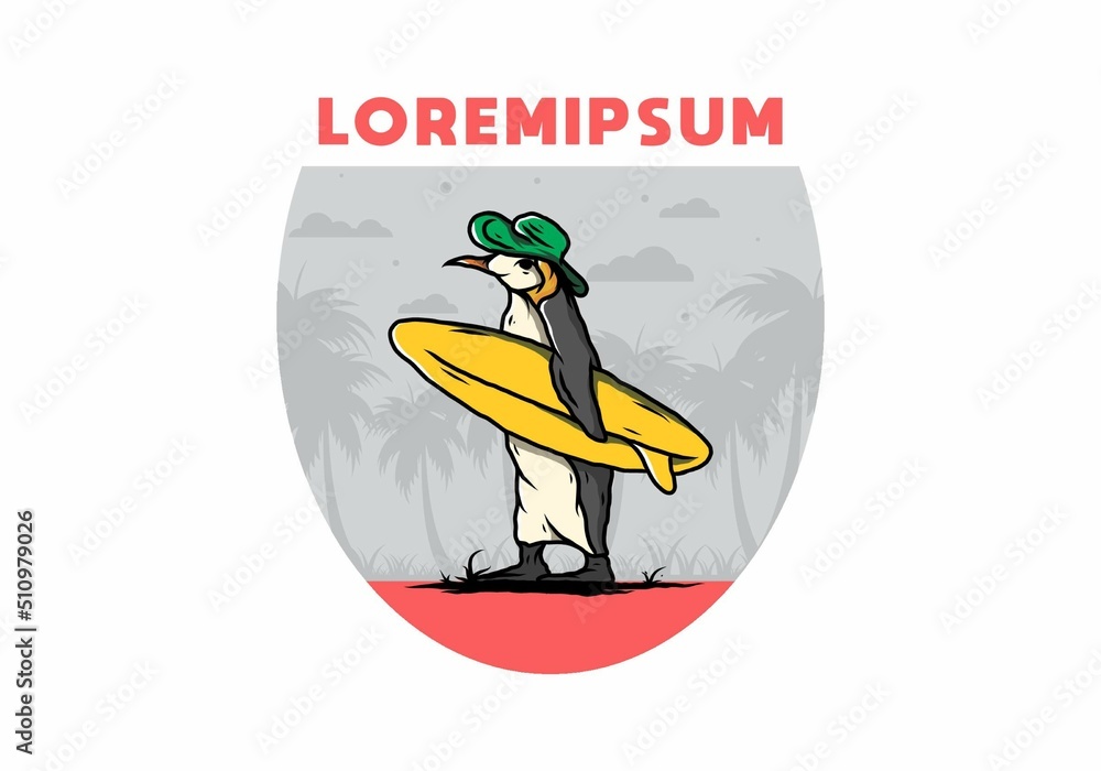 Cute penguin carrying a surfboard on the beach illustration