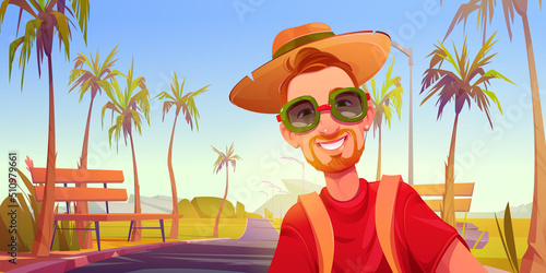 Young man tourist with backpack posing for photo at tropical landscape with highway, palm trees and benches. Traveler wear hat and glasses at summer travel tour on holidays Cartoon vector illustration