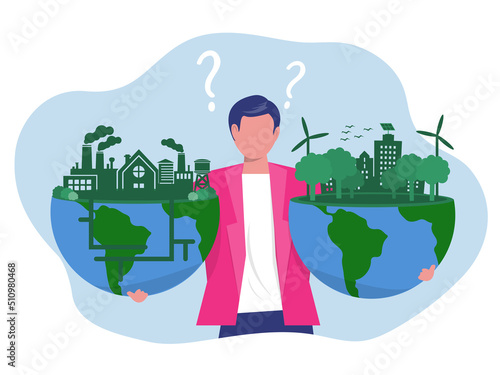 businessman holding earth globe go green save planet compare fuming industrial plants and factories.Natural resources, earth exploitation, industrial pollution themes design  vector illustration photo