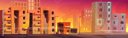 Destroyed city street with broken houses, fire and smoke. Vector cartoon illustration of abandoned demolished buildings on town street after war, nuclear explosion, apocalypse