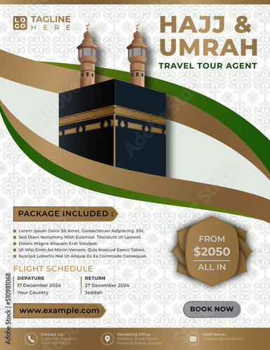 Islamic hajj and umrah brochure or flyer template background design with mecca illustration in 3d realistic design. photo