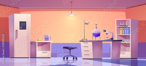 Chemical lab for science research, experiments and medical tests. Vector cartoon illustration of laboratory room with microscope, flasks and tubes on table, refrigerator and cupboard