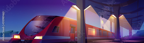 Modern railway station with train at night. Vector cartoon illustration of summer cityscape with station with empty platform, speed train on rails, glass roof and buildings on background