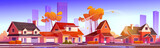 Street in suburb district with residential houses and city on skyline in fall. Vector cartoon illustration of autumn landscape with suburban cottages with garages, orange trees and road