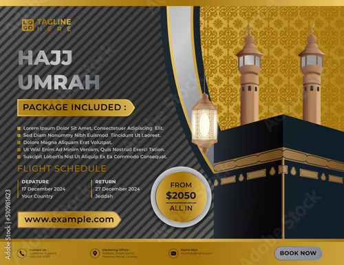 Hajj and Umrah Brochure Gold Travel and Tour Luxury with Kaaba and Lantern realistic 3d,for Social Media post,Pamphlet, Brochure, Flyer or Poster