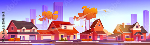 Street in suburb district with residential houses and city on skyline in fall. Vector cartoon illustration of autumn landscape with suburban cottages with garages, orange trees and road